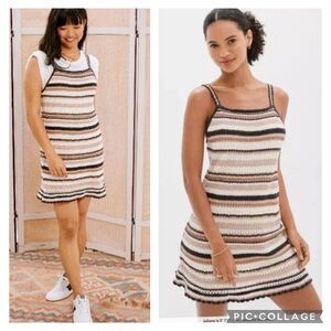 AMERICAN EAGLE CROCHET DUSTY COLORS BOHO STRIPE COTTON LINED MINI DRESS